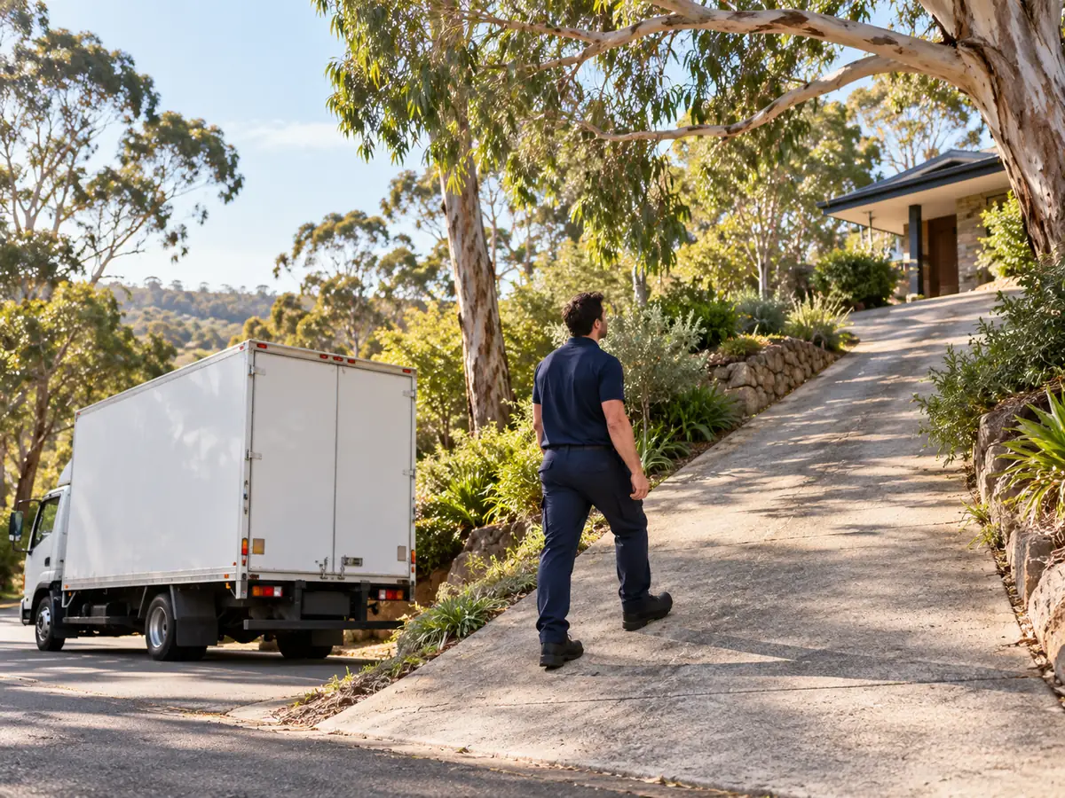 Removalist checking a steep Adelaide Hills driveway before bringing the truck up