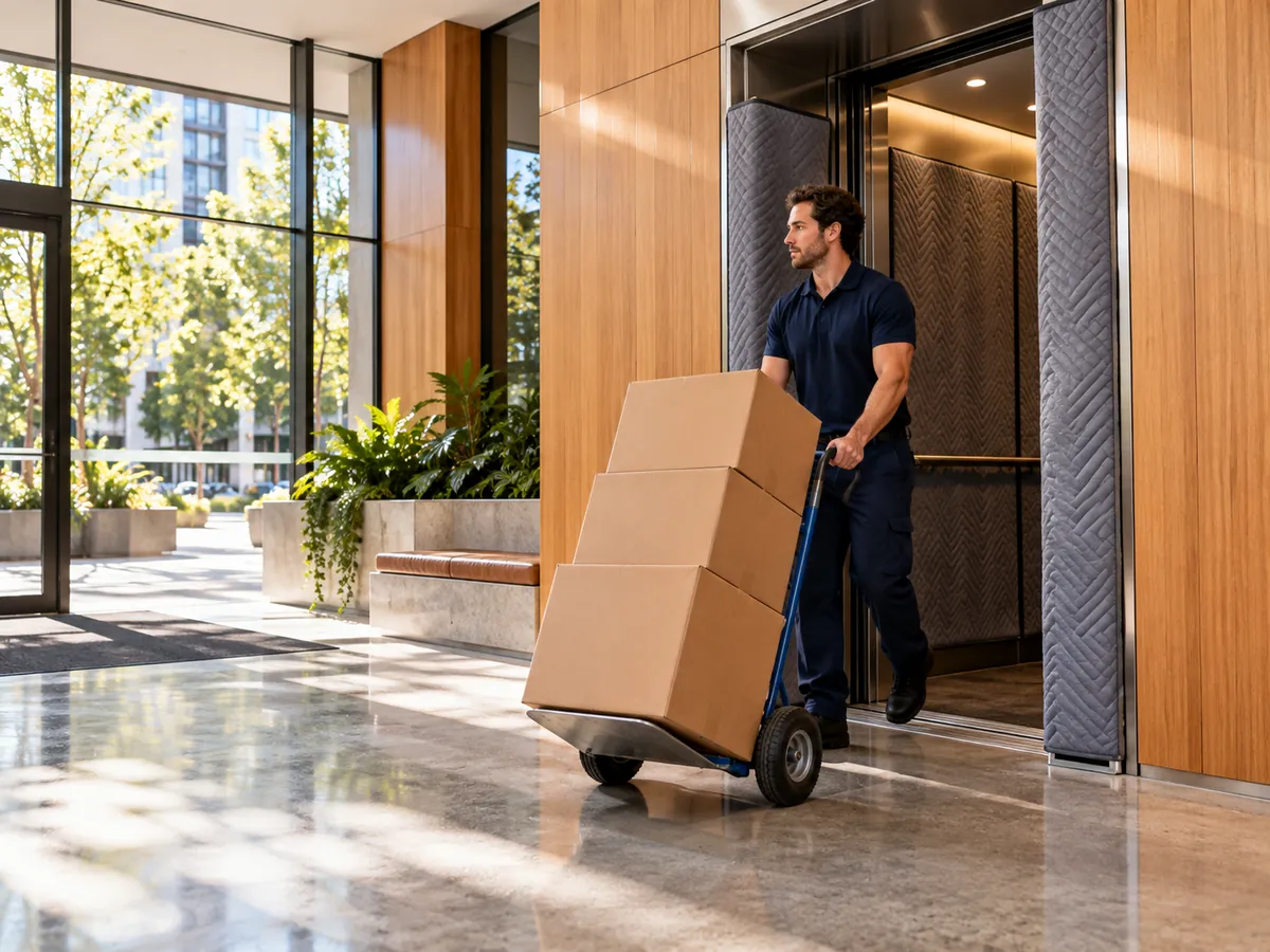 Removalist wheeling boxes out of an apartment lift in Adelaide
